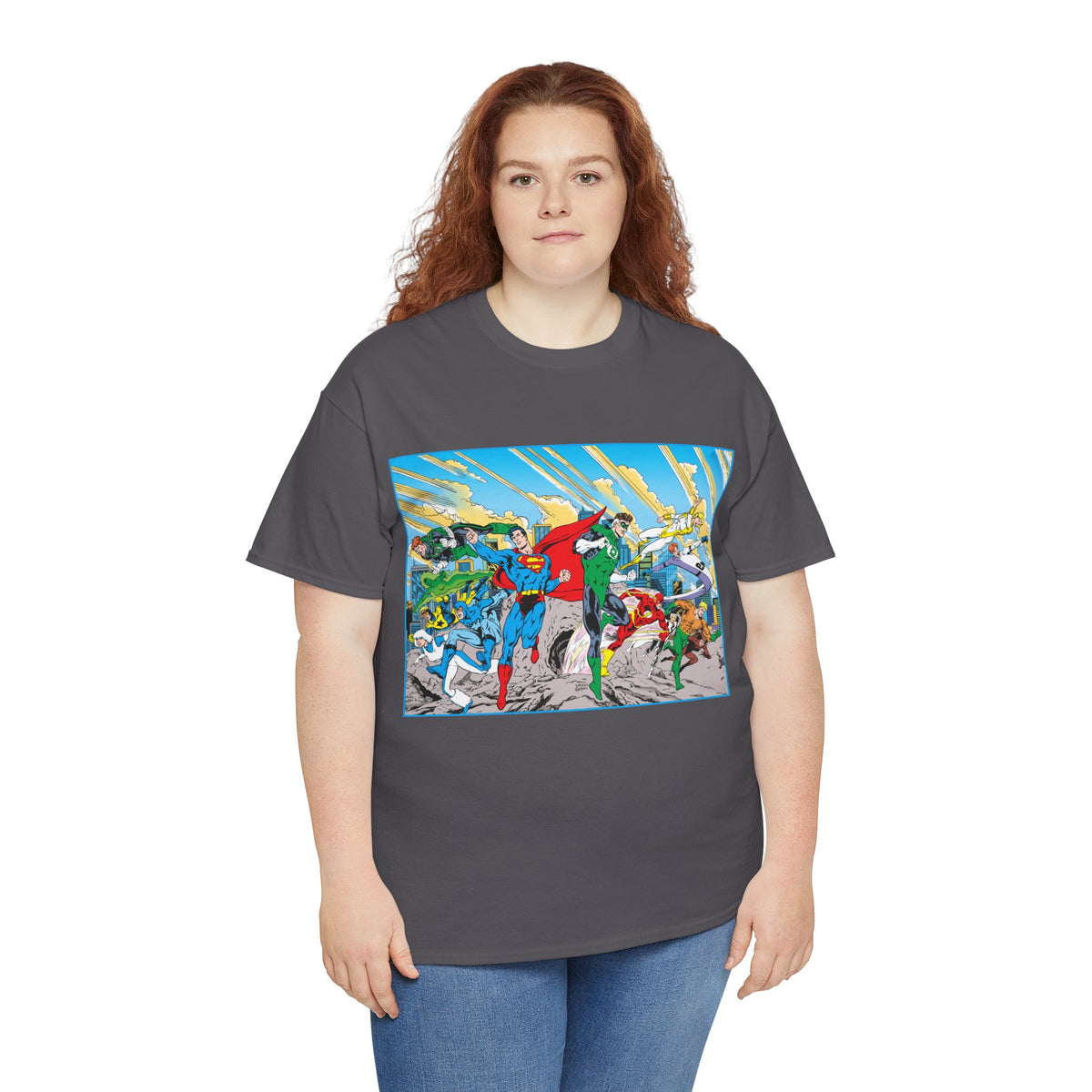 Justice League America/Europe T-Shirt - Dan Jurgens Art - Superman, Blue Beetle, Booster Gold, Green Lantern, Aquaman, Power Girl, Guy Gardner, Flash - DC Comics