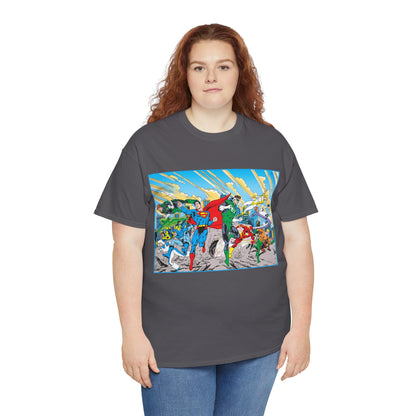 Justice League America/Europe T-Shirt - Dan Jurgens Art - Superman, Blue Beetle, Booster Gold, Green Lantern, Aquaman, Power Girl, Guy Gardner, Flash - DC Comics