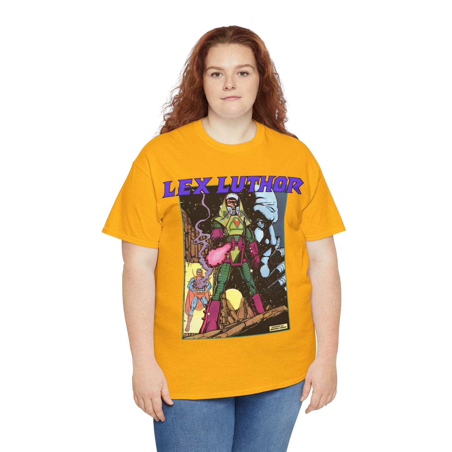 Lex Luthor T-Shirt - George Perez Art - 1980s DC Comics - Action Comics Armor - Inspiration for Super Powers Figure - Superman Enemy