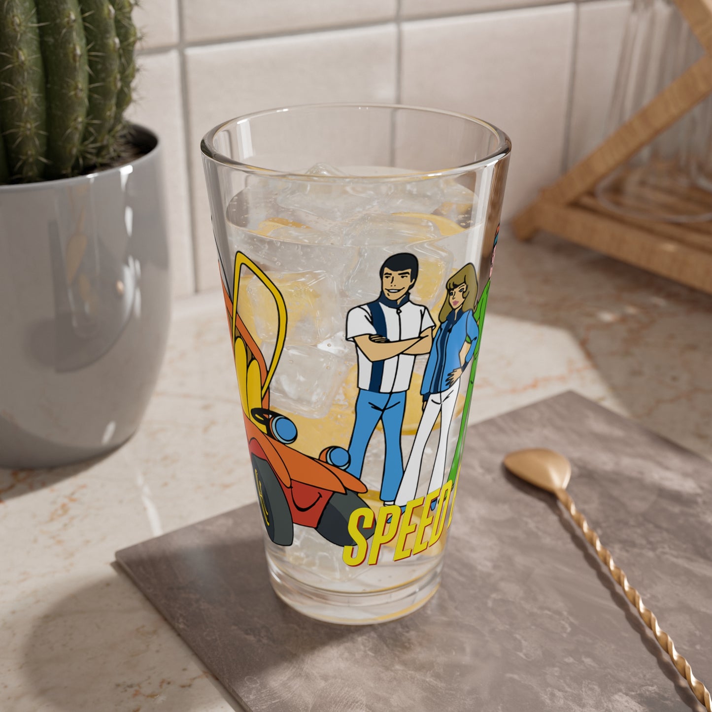 Speed Buggy Pint Glass, 16oz - Hanna-Barbera Saturday Morning Cartoon - Debbie, Mark, and Tinker - Solving Mysteries & Participating in Racing Competitions Around the World
