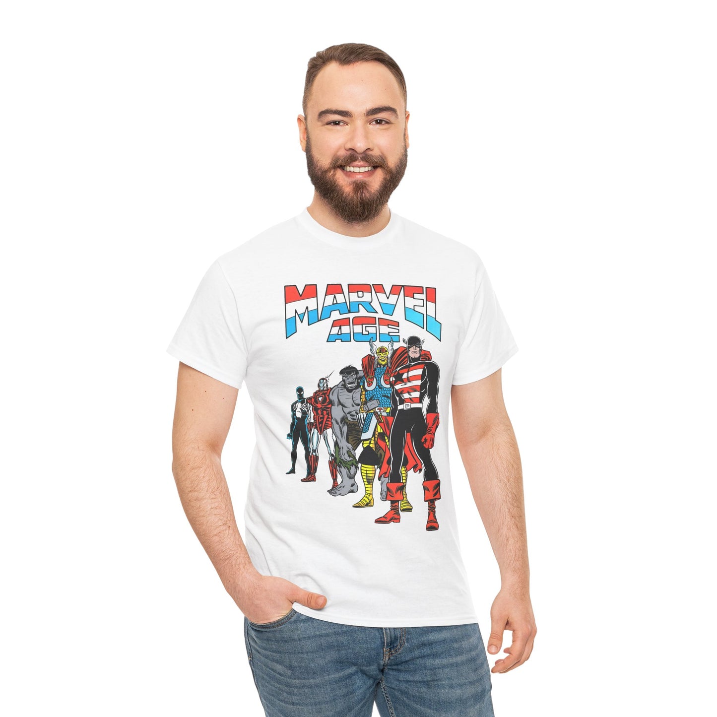 Marvel Age T-Shirt - Captain America, Thor, Incredible Hulk, Iron Man, Spider-Man - New Looks for the 80s