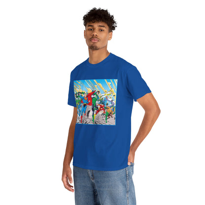 Justice League America/Europe T-Shirt - Dan Jurgens Art - Superman, Blue Beetle, Booster Gold, Green Lantern, Aquaman, Power Girl, Guy Gardner, Flash - DC Comics