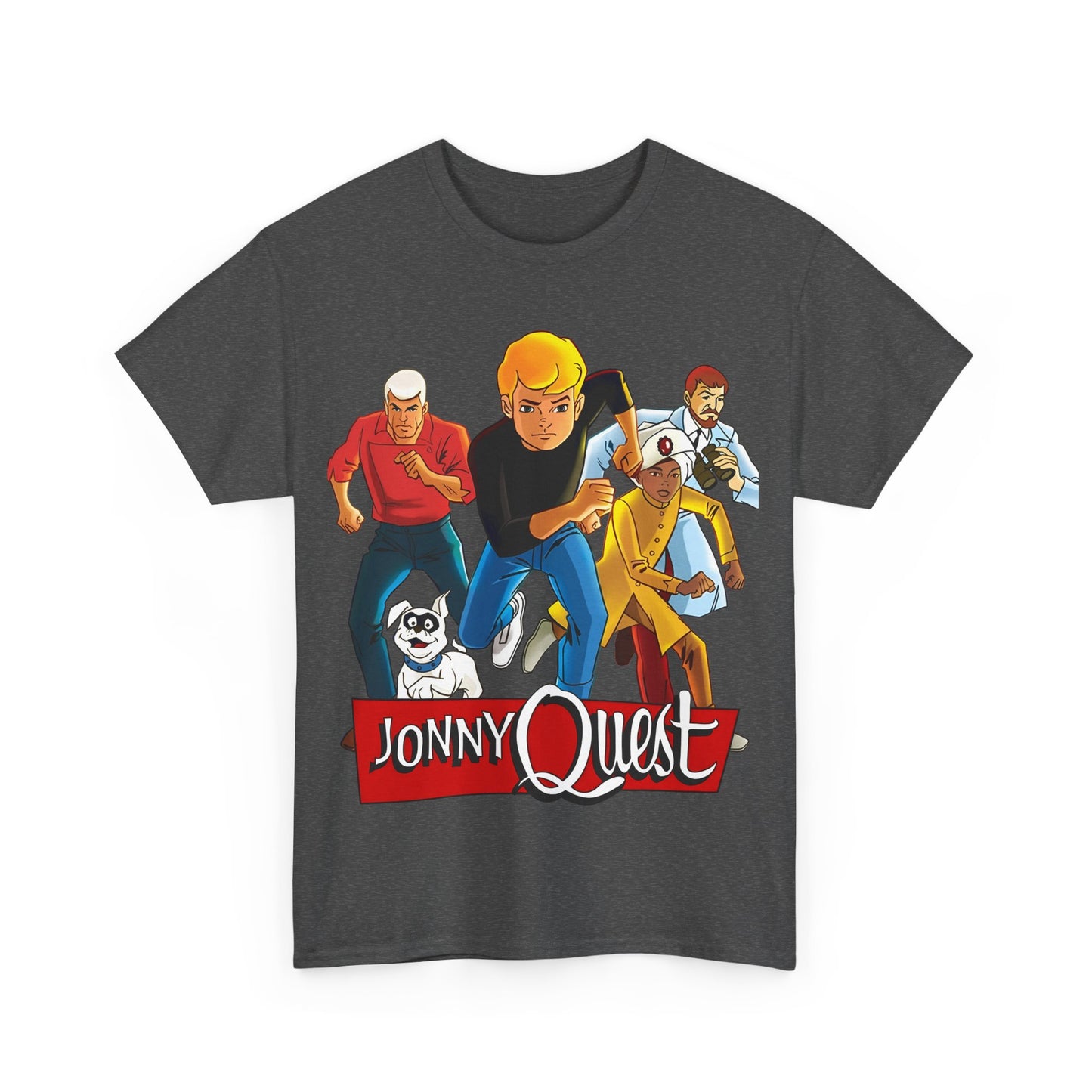 Jonny Quest T-Shirt - Popular Hanna-Barbera Cartoon Characters from the 1960s Adventure TV Show - Dr Benton, Hadji, Race Bannon, Bandit the Dog
