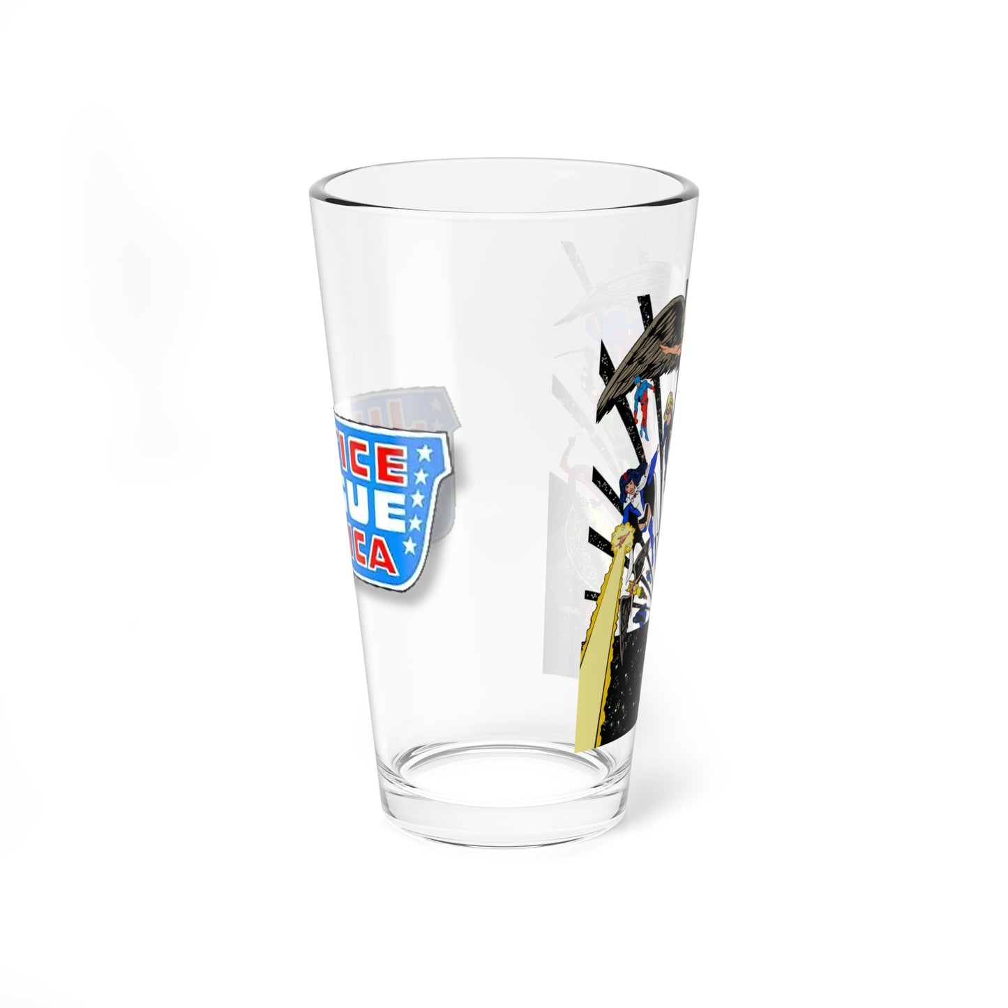 Justice League Pint Glass, 16oz - George Perez Art - Hawkman, Firestorm, Black Canary, Green Arrow, Zatanna, Red Tornado - JLA - DC Comics
