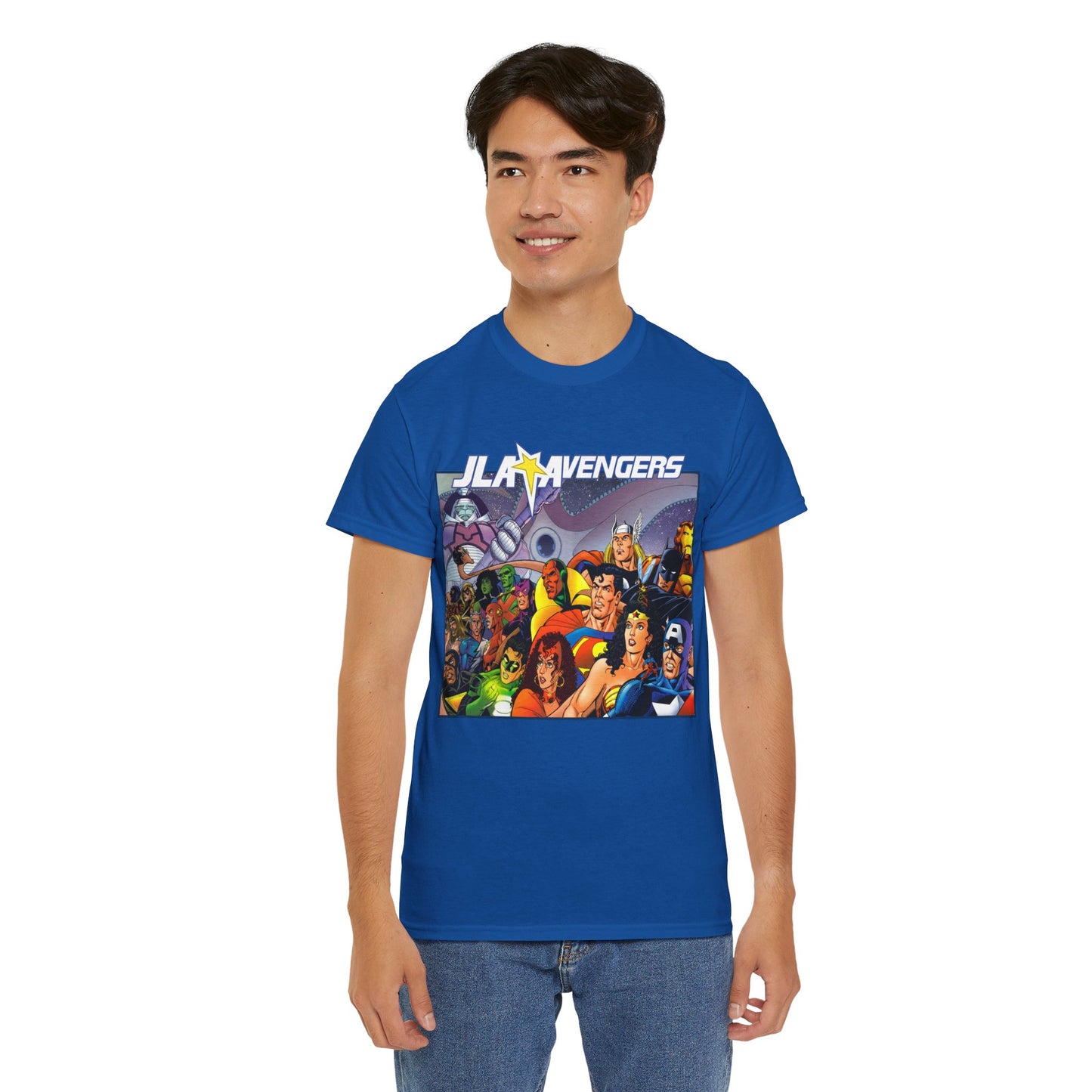 JLA/Avengers T-Shirt - George Perez Art - Wonder Woman, Scarlet Witch, Batman, Thor, Iron Man, Superman - DC Comics, Marvel Comics