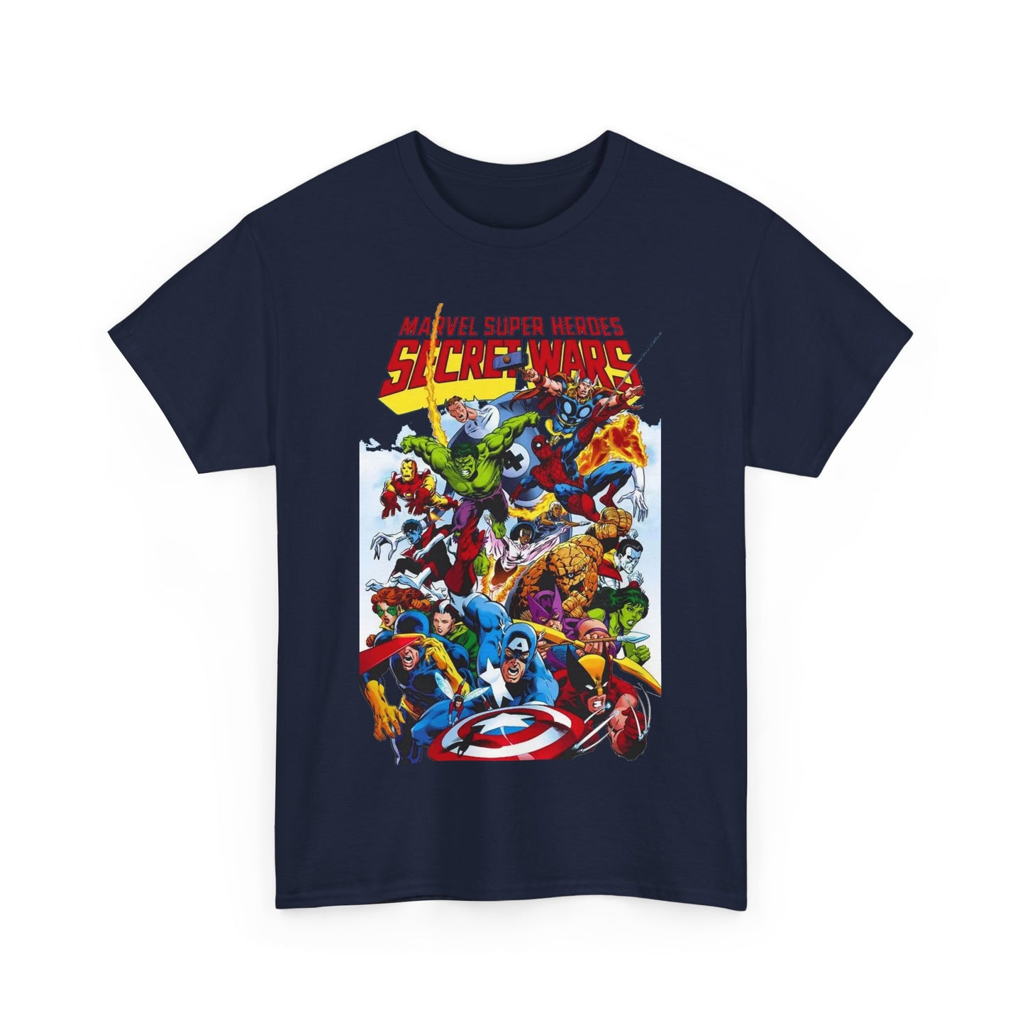 Secret Wars T-Shirt - Spider-man, Wolverine, Iron Man, Captain America, Cyclops, Rogue, Hulk, Mr Fantastic, The Thing - Classic Marvel Comics 1980s Series - The Beyonder