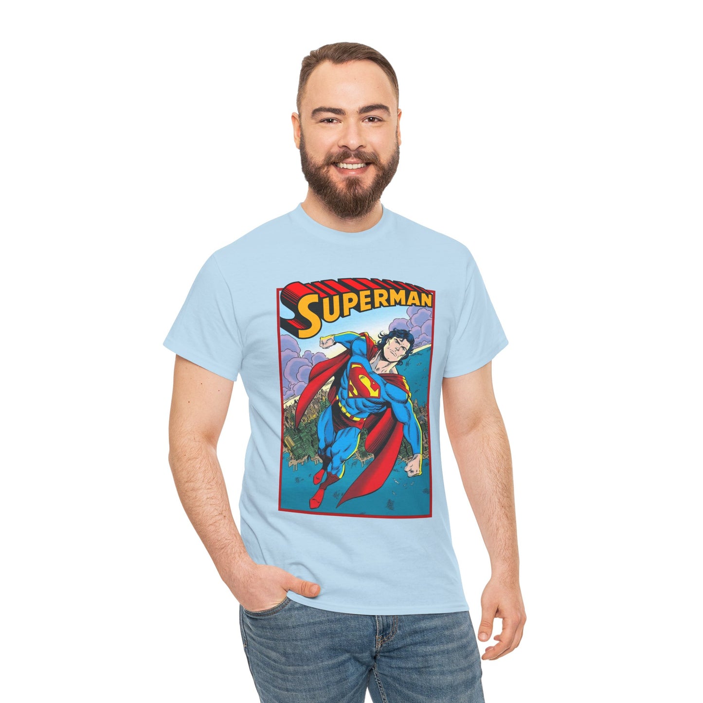 Superman T-Shirt - Tom Grummett Art - DC Comics - Metropolis, Man of Steel Flying Through the Sky - Post-Reign of the Supermen Storyline Artwork