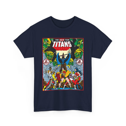 Navy blue t-shirt with 'The New Teen Titans' graphic design on a white background. Includes Robin, Wonder Girl, Cyborg, Starfire, Kid Flash, Raven, and Changeling (Beast Boy). George Perez art.