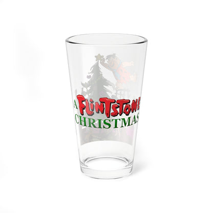 A Flintstones Christmas Pint Glass, 16oz - Fred, Wilma, Pebbles Flintstone & Barney, Betty, Bamm Bamm Rubble & Dino - Hanna-Barbera Holiday Cartoon
