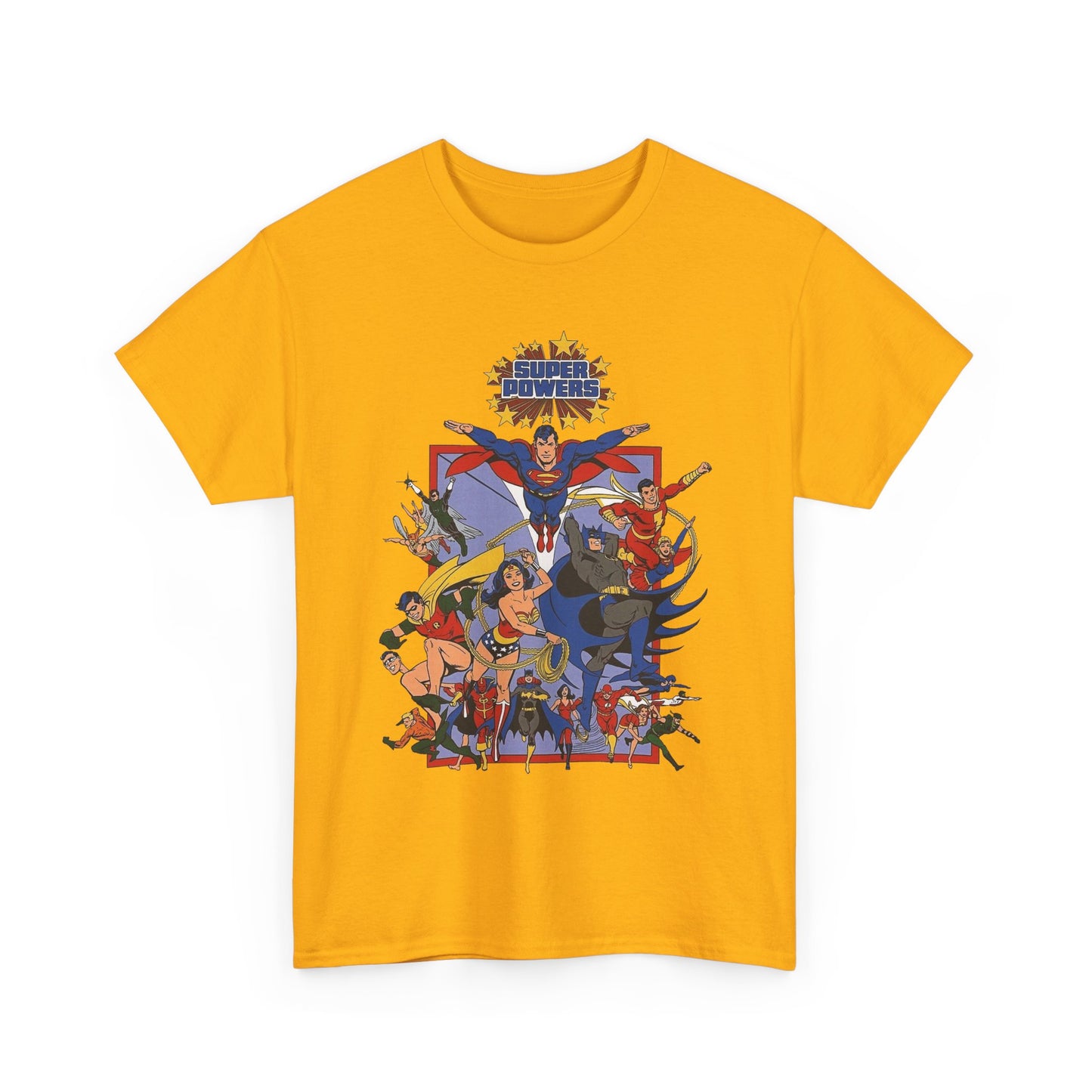 Super Powers T-Shirt - Superman, Flash, Wonder Woman, Batman, Batgirl, Robin, Plastic Man, Aquaman, Hawkman, Supergirl - 1980s Kenner Toy Line - Retro DC Comics