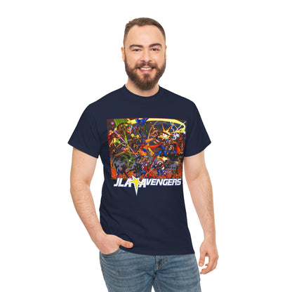 Avengers Vs JLA T-Shirt - Stunning George Perez Art - Marvel & DC Comics Crossover - Thor, Superman, Wonder Woman, Hercules, Iron Man, Batman, Black Canary, Scarlet Witch, Wonder Man, Martian Manhunter