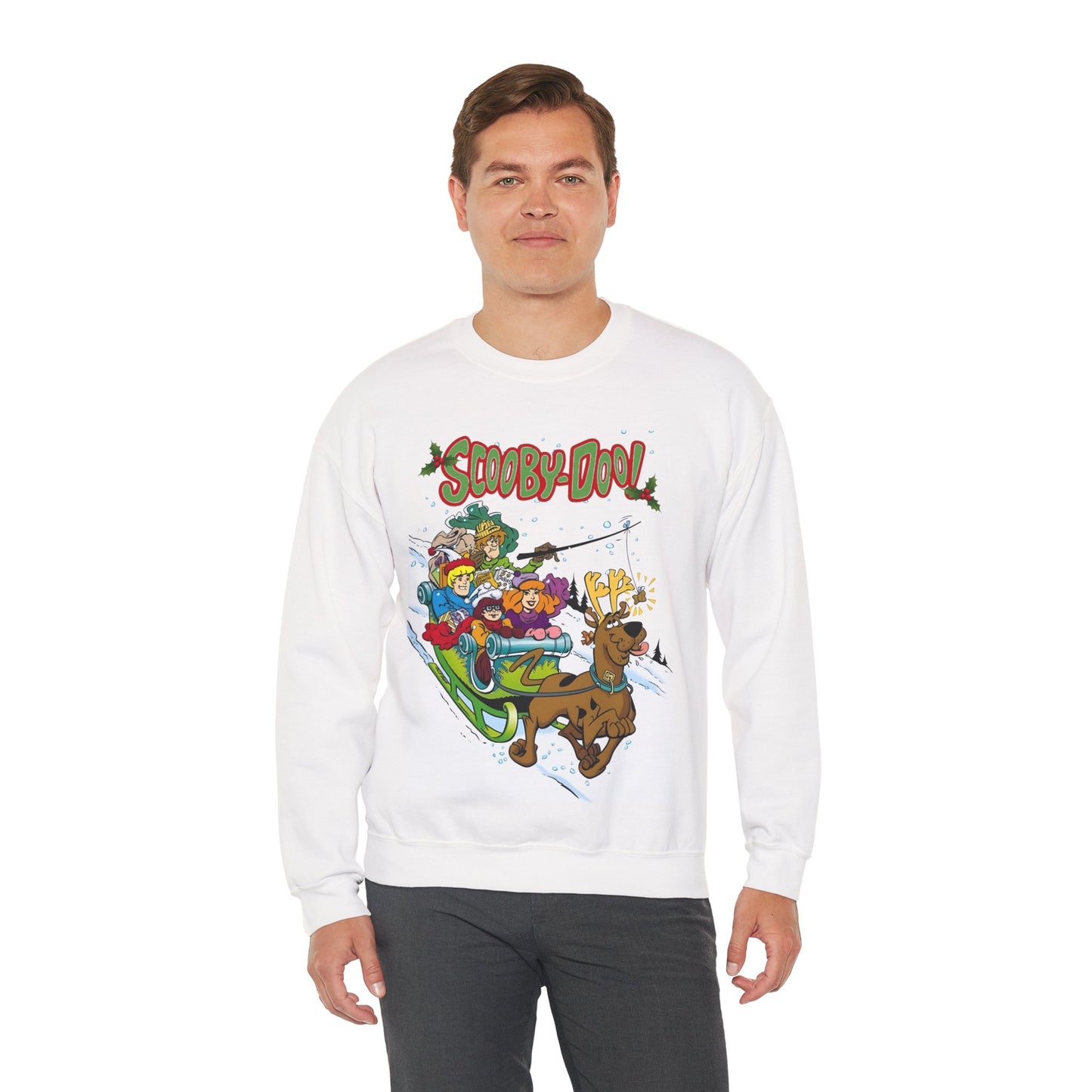 Scooby Doo Christmas Crewneck Sweatshirt - Shaggy, Daphne, Velma, Fred Sleighing Through the Snow