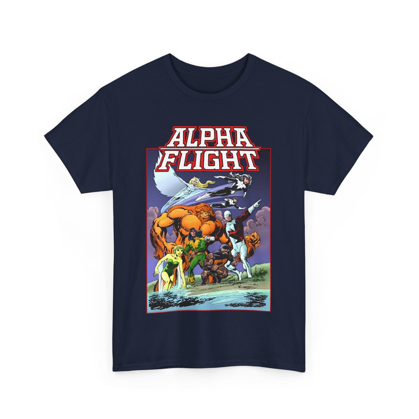 Alpha Flight T-Shirt - John Byrne Art - Guardian, Aurora, Northstar, Shaman, Snowbird, Puck - Marvel Comics - Canada's Super-Team