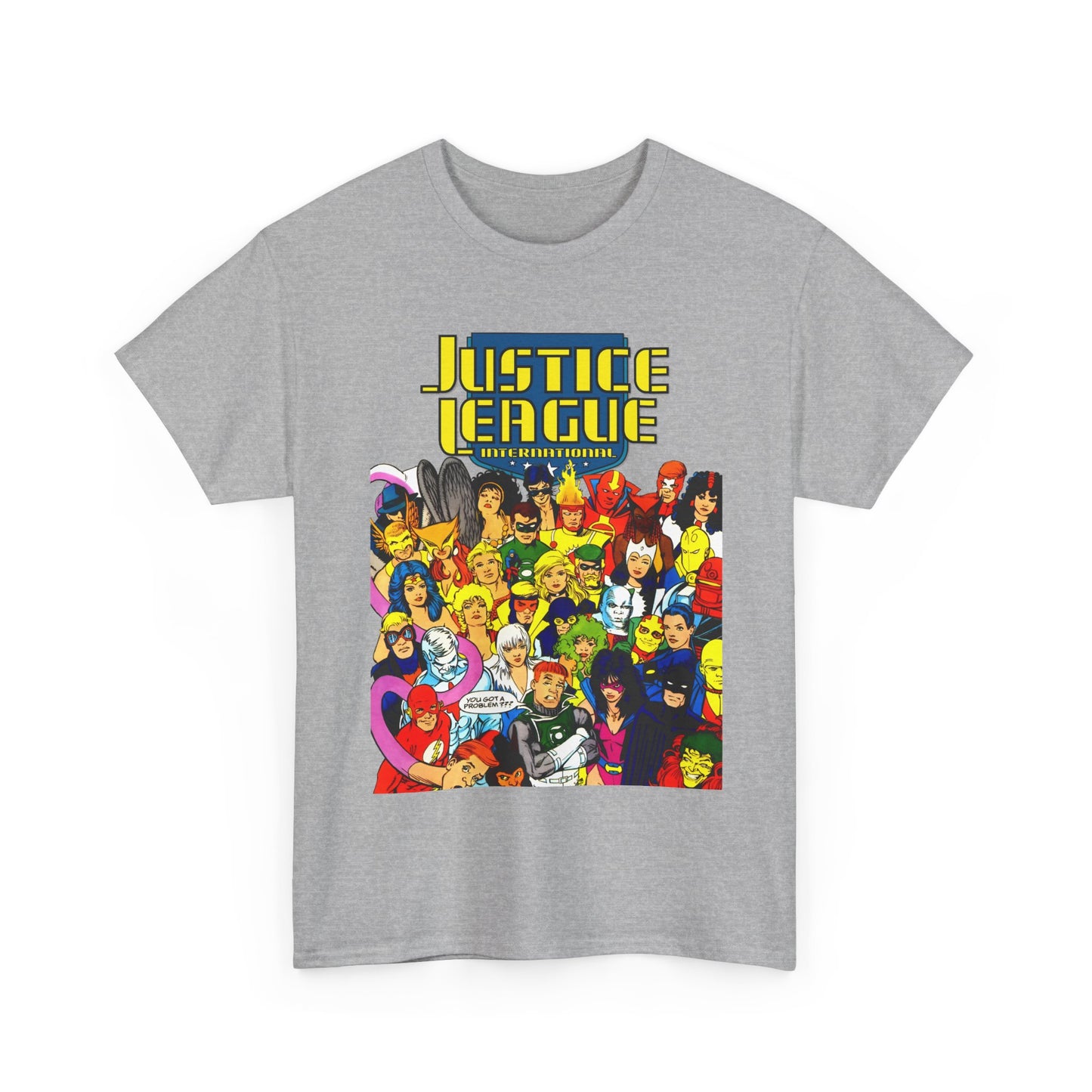 Justice League International T-Shirt - Kevin Maguire DC Comics Sourcebook Art - Booster Gold, Blue Beetle, Batman, Martian Manhunter, Captain Atom, Fire, Ice, Guy Gardner