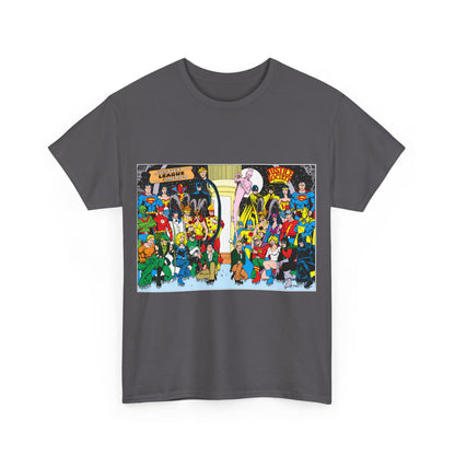 JLA & JSA T-Shirt - George Perez Art - Justice League, Society Team-up - Batman, Wildcat, Dr Fate, Hourman, Firestorm, Superman
