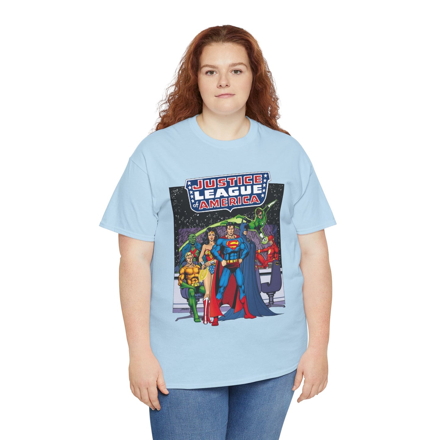 Justice League T-Shirt - George Perez Art - JLA Satellite Era - Superman, Wonder Woman, Green Lantern, Batman, Flash, Aquaman, Martian Manhunter - DC Comics
