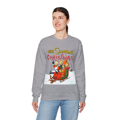 Simpsons Family Christmas Crewneck Sweatshirt - Homer, Marge, Bart, Lisa, Maggie - Riding a Christmas Sleigh Through the Winter Snow