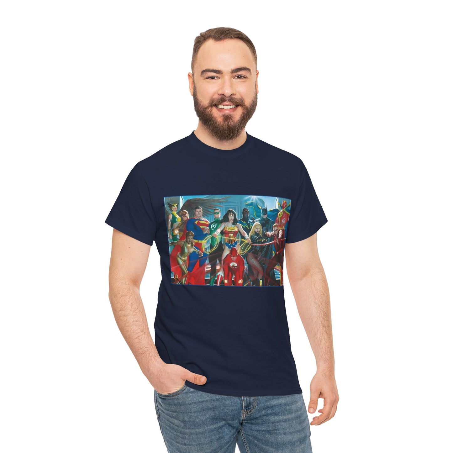 Justice League T-Shirt - Alex Ross Art - Superman, Wonder Woman, Batman, Flash, Black Canary, Vixen, Black Lightning, Green Lantern, Geo-Force, Red Tornado - DC Comics