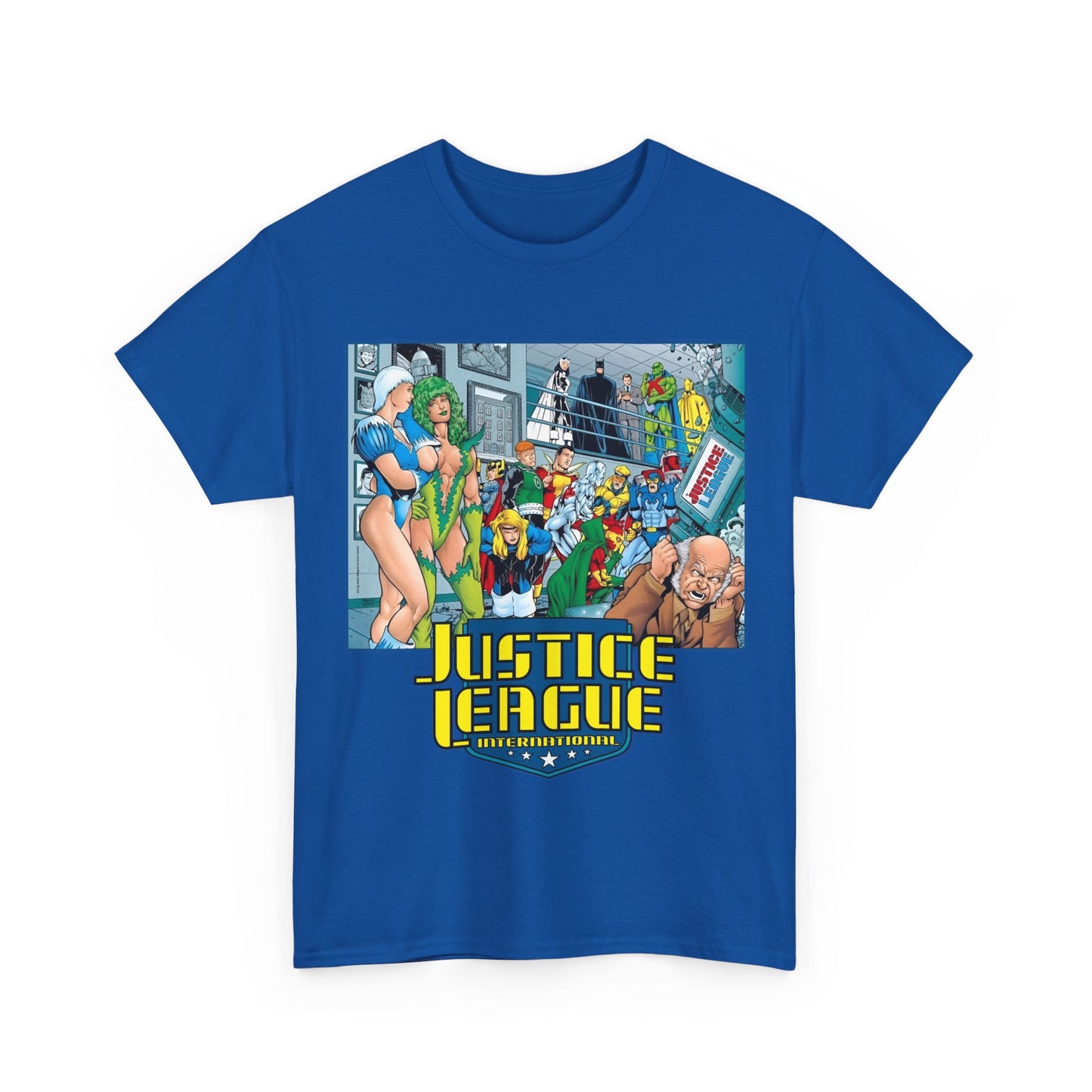 Justice League International T-Shirt - Kevin Maguire Art - Blue Beetle, Booster Gold, Martian Manhunter, Captain Atom, Batman, Fire, Ice - DC Comics - JLI