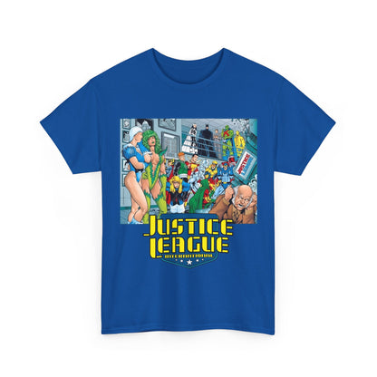Justice League International T-Shirt - Kevin Maguire Art - Blue Beetle, Booster Gold, Martian Manhunter, Captain Atom, Batman, Fire, Ice - DC Comics - JLI