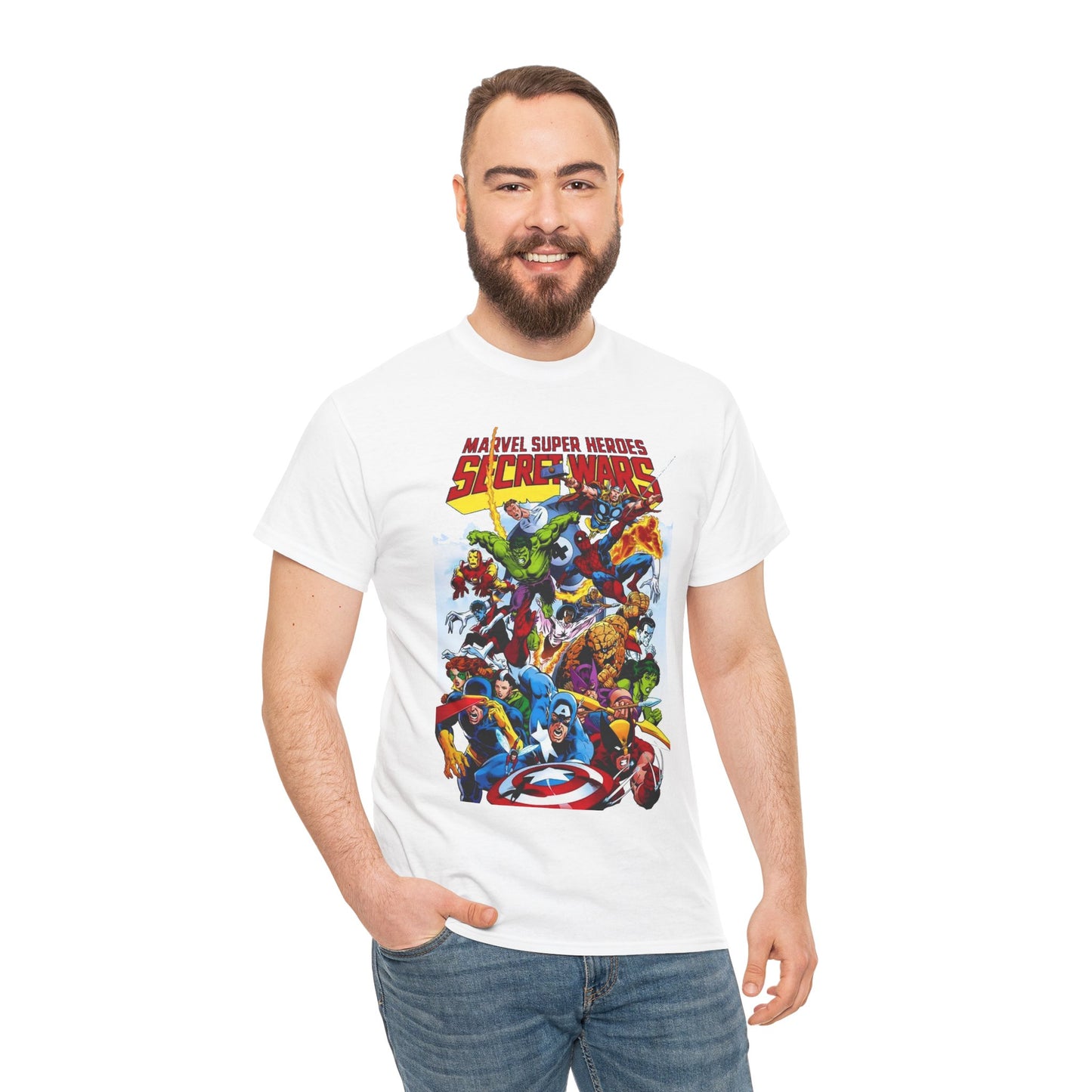 Secret Wars T-Shirt - Spider-man, Wolverine, Iron Man, Captain America, Cyclops, Rogue, Hulk, Mr Fantastic, The Thing - Classic Marvel Comics 1980s Series - The Beyonder
