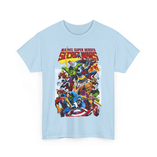 Secret Wars T-Shirt - Spider-man, Wolverine, Iron Man, Captain America, Cyclops, Rogue, Hulk, Mr Fantastic, The Thing - Classic Marvel Comics 1980s Series - The Beyonder