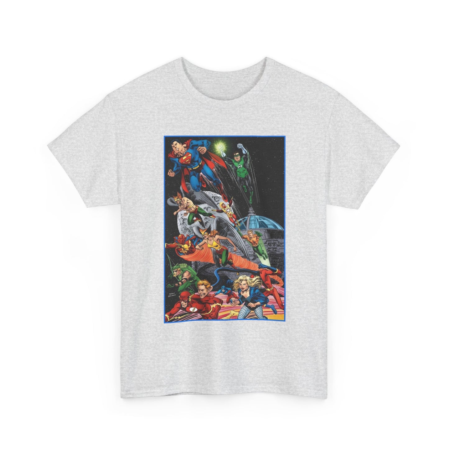 Justice League of America T-Shirt - Jerry Ordway Art - Superman, Wonder Woman, Firestorm, Flash, Black Canary, Atom - DC Comics