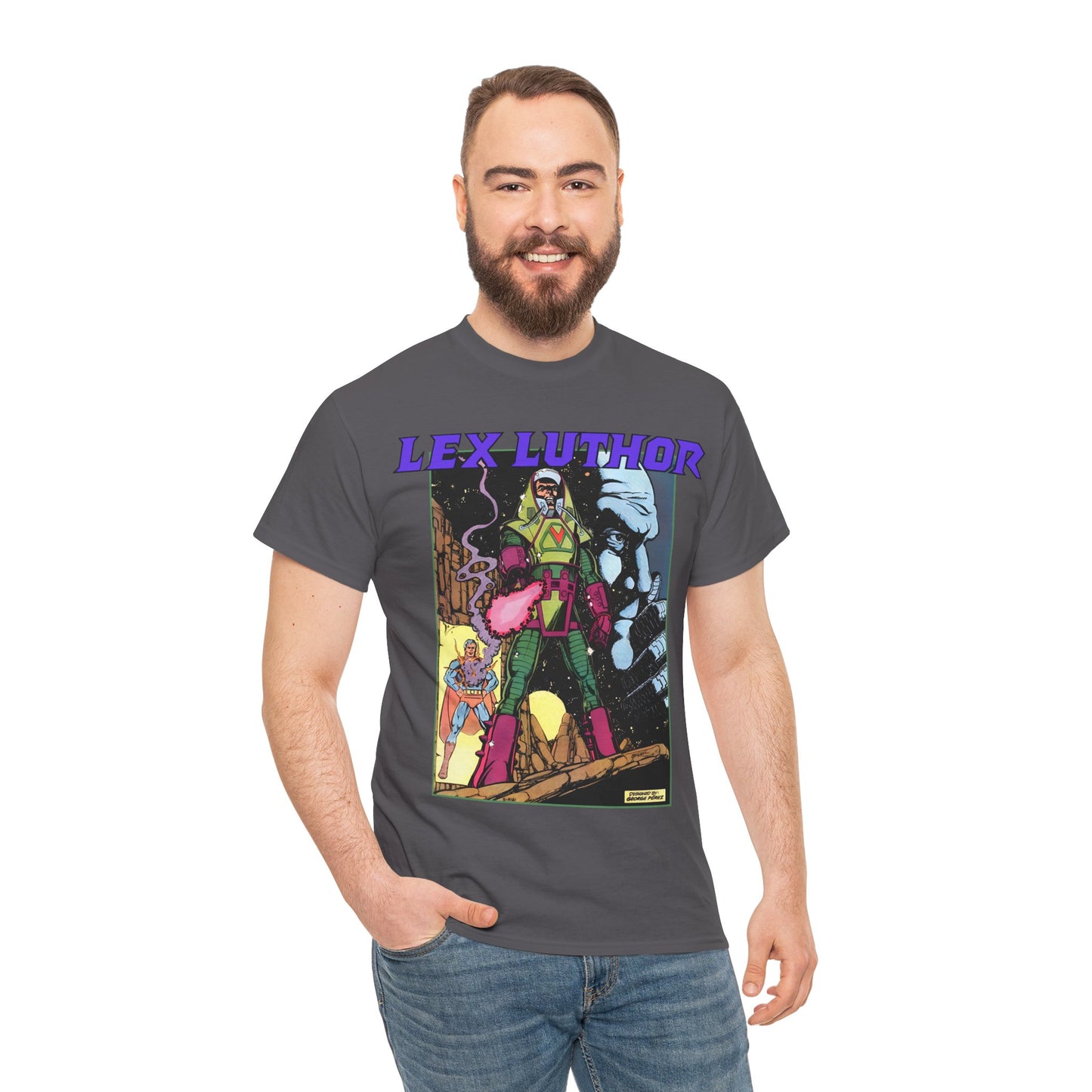 Lex Luthor T-Shirt - George Perez Art - 1980s DC Comics - Action Comics Armor - Inspiration for Super Powers Figure - Superman Enemy
