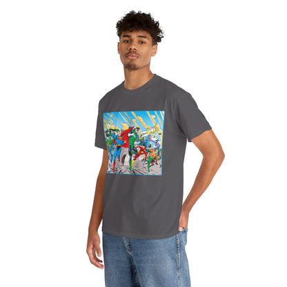 Justice League America/Europe T-Shirt - Dan Jurgens Art - Superman, Blue Beetle, Booster Gold, Green Lantern, Aquaman, Power Girl, Guy Gardner, Flash - DC Comics