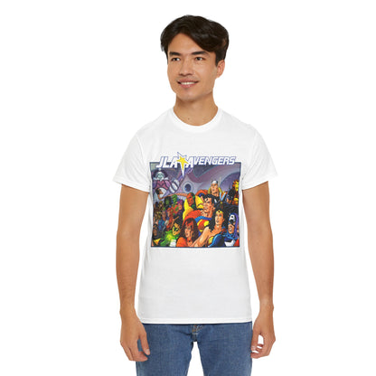 JLA/Avengers T-Shirt - George Perez Art - Wonder Woman, Scarlet Witch, Batman, Thor, Iron Man, Superman - DC Comics, Marvel Comics