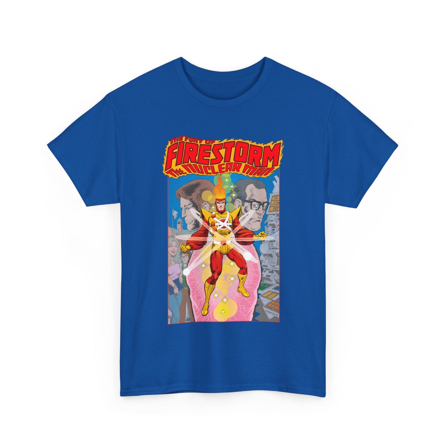 Blue t-shirt with a graphic design of DC Comics' Firestorm The Nuclear Man on a white background