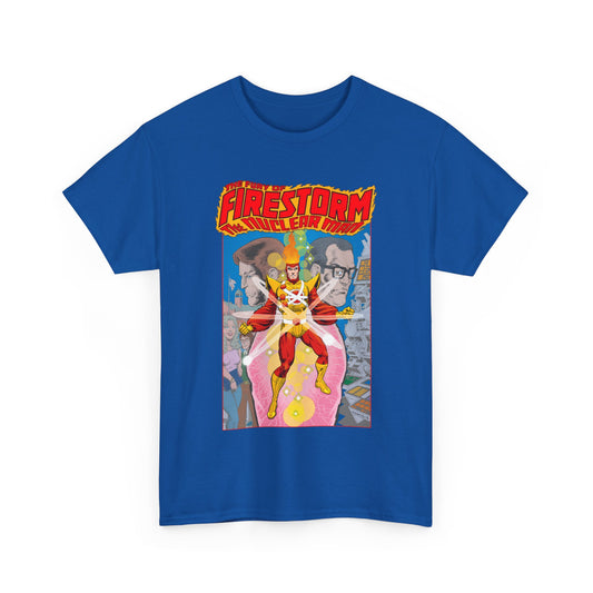 Blue t-shirt with a graphic design of DC Comics' Firestorm The Nuclear Man on a white background
