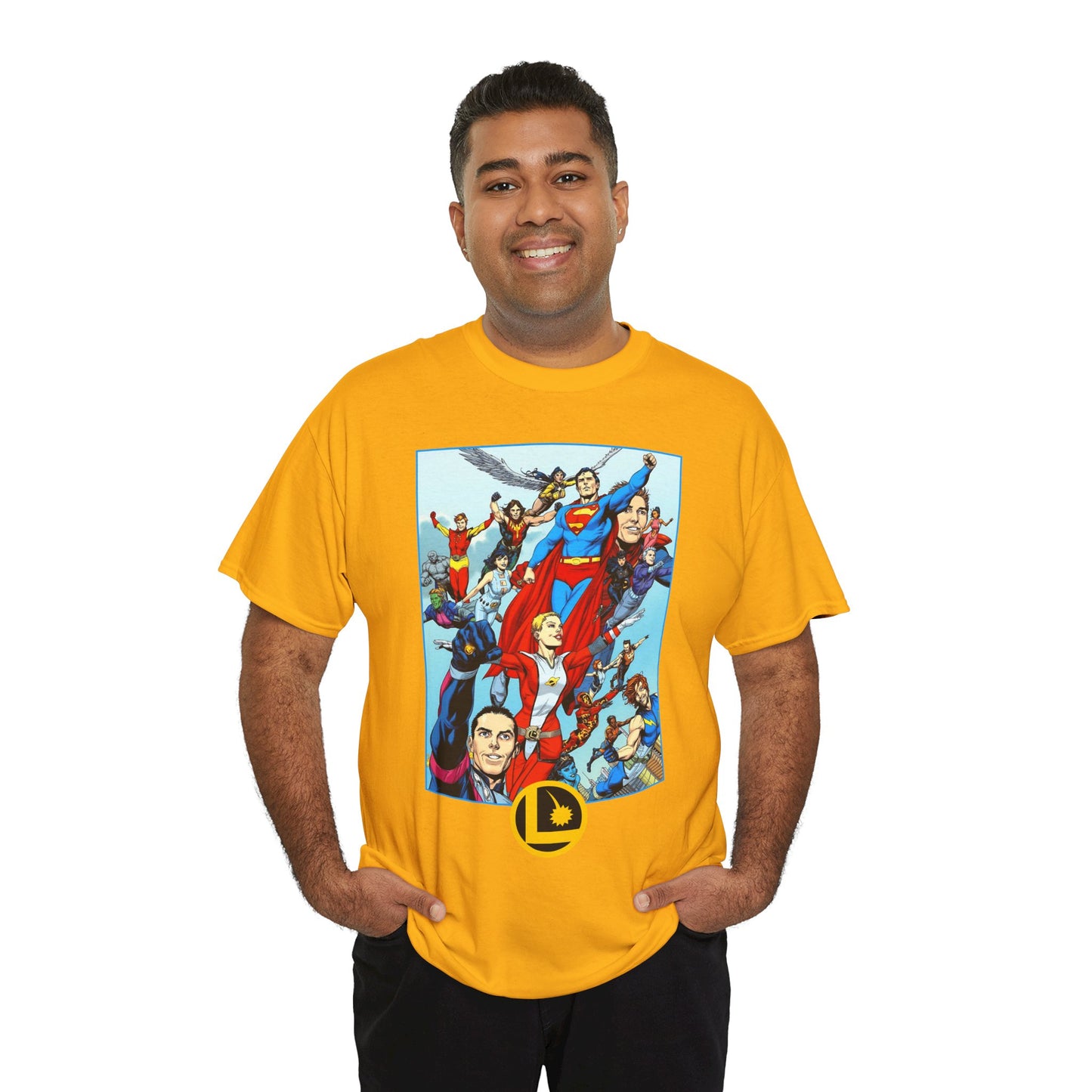 Legion of Super-Heroes T-Shirt - Gary Frank Art - Superman, Saturn Girl, Cosmic Boy, Dawnstar, Brainiac 5, Phantom Girl, Wildfire, Blok, Lightning Lad, Timber Wolf - LOSH - DC Comics