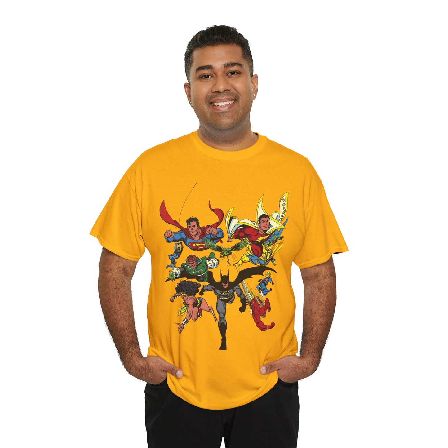 DC Legends T-Shirt - John Byrne Art - Superman, Wonder Woman, Guy Gardner, Flash, Blue Beetle, Shazam, Dr Fate, Changeling - DC Comics