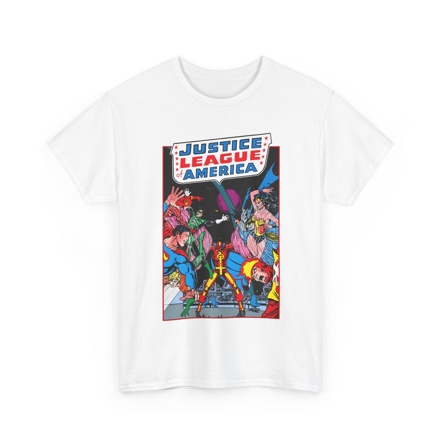 Justice League of America T-Shirt - George Perez Art - 1980s Satellite Era - Superman, Wonder Woman, Firestorm, Green Lantern, Batman - DC Comics
