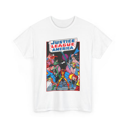 Justice League of America T-Shirt - George Perez Art - 1980s Satellite Era - Superman, Wonder Woman, Firestorm, Green Lantern, Batman - DC Comics