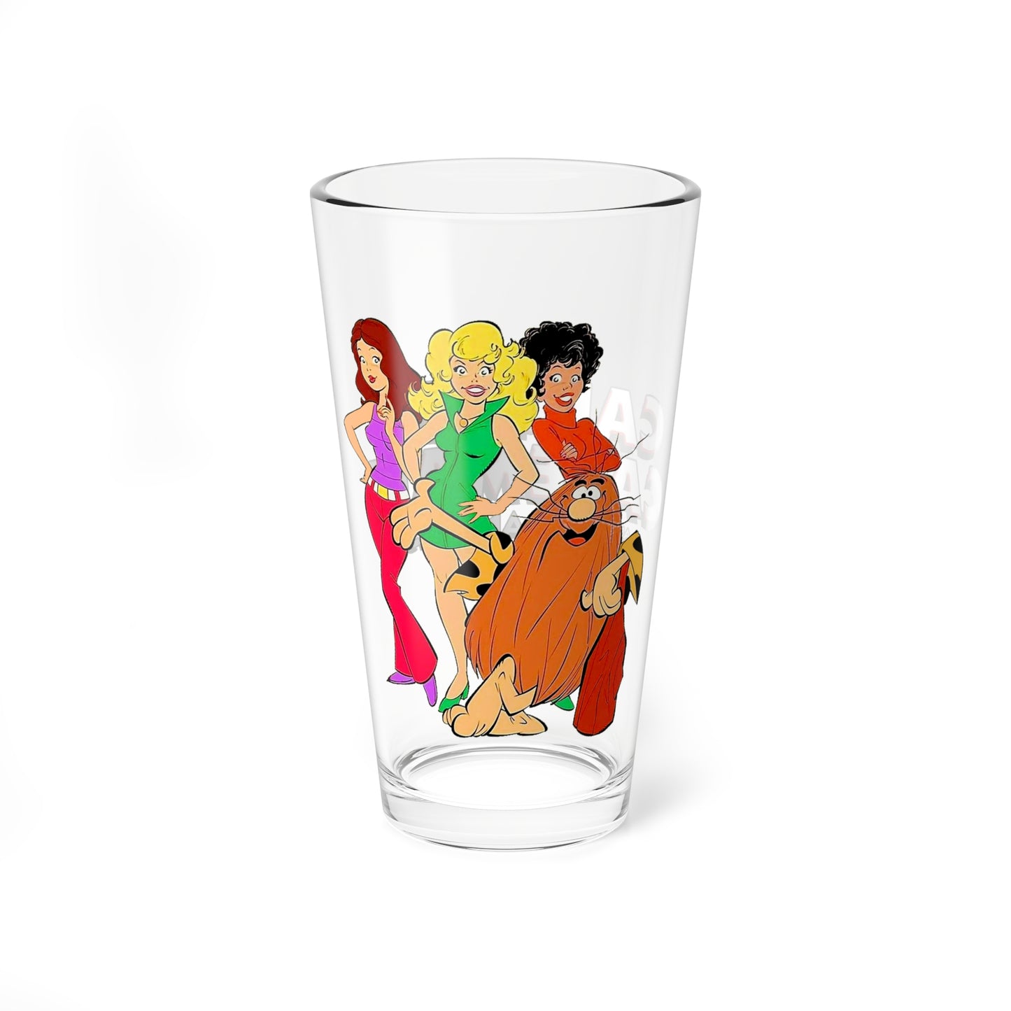Captain Caveman & the Teen Angels Pint Glass, 16oz - Brenda, Dee Dee, Taffy - Hanna-Barbera Saturday Morning Cartoon