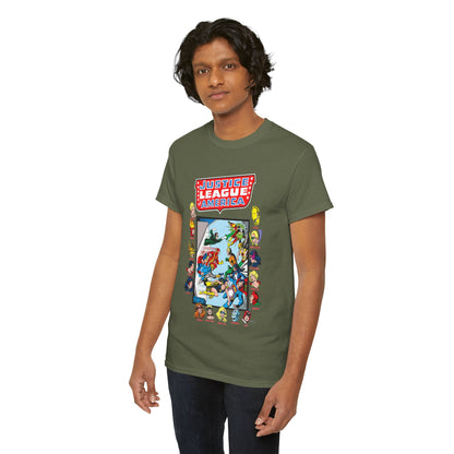 JLA & JSA T-Shirt - George Perez Art - All-Star Squadron - Firestorm, Huntress, Starman, Zatanna, Liberty Belle, Superman, Robotman, Firebrand, Dr Fate - DC Comics