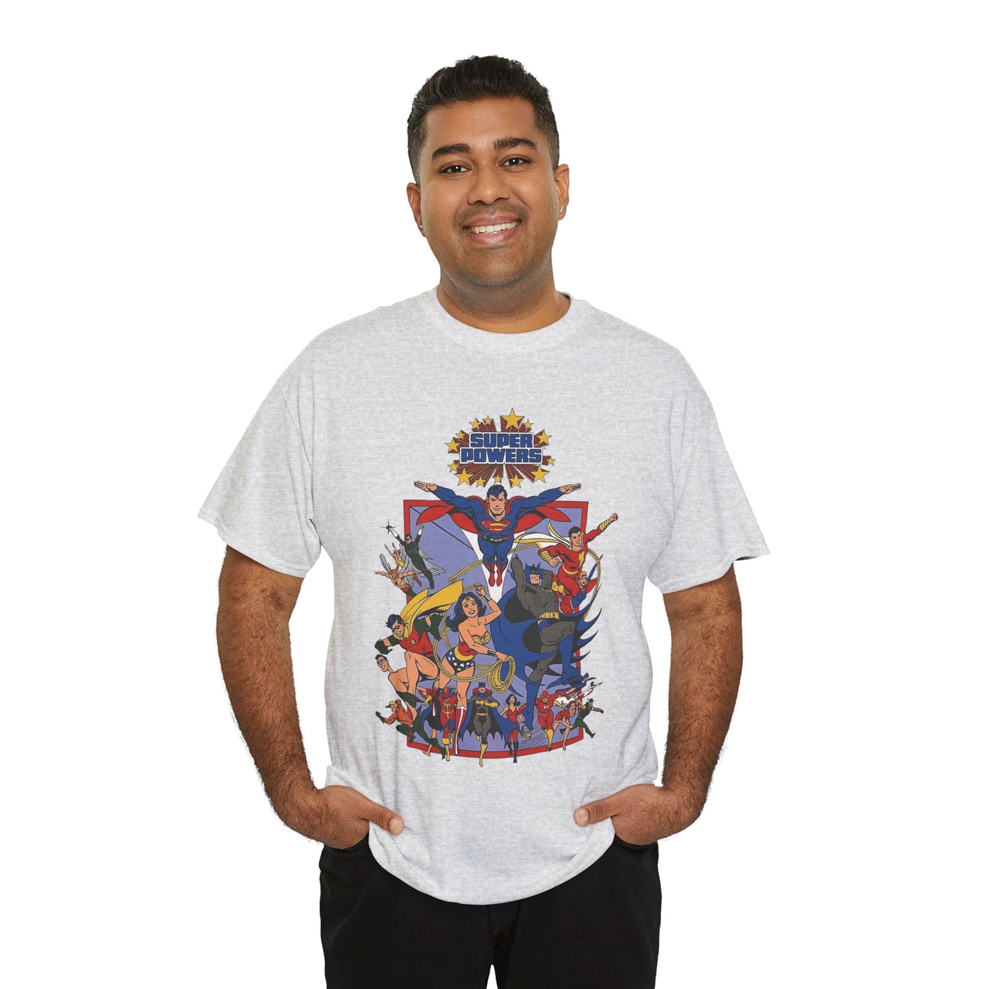 Super Powers T-Shirt - Superman, Flash, Wonder Woman, Batman, Batgirl, Robin, Plastic Man, Aquaman, Hawkman, Supergirl - 1980s Kenner Toy Line - Retro DC Comics