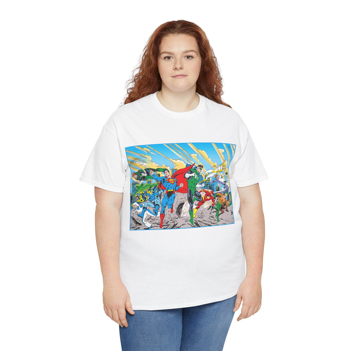 Justice League America/Europe T-Shirt - Dan Jurgens Art - Superman, Blue Beetle, Booster Gold, Green Lantern, Aquaman, Power Girl, Guy Gardner, Flash - DC Comics