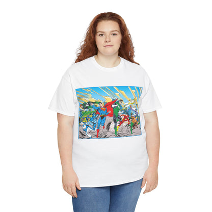 Justice League America/Europe T-Shirt - Dan Jurgens Art - Superman, Blue Beetle, Booster Gold, Green Lantern, Aquaman, Power Girl, Guy Gardner, Flash - DC Comics