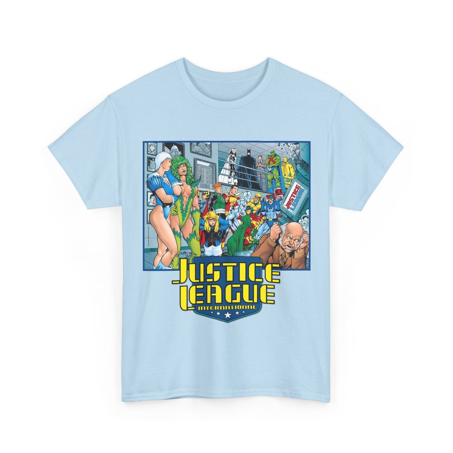 Justice League International T-Shirt - Kevin Maguire Art - Blue Beetle, Booster Gold, Martian Manhunter, Captain Atom, Batman, Fire, Ice - DC Comics - JLI