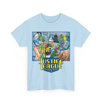 Justice League International T-Shirt - Kevin Maguire Art - Blue Beetle, Booster Gold, Martian Manhunter, Captain Atom, Batman, Fire, Ice - DC Comics - JLI