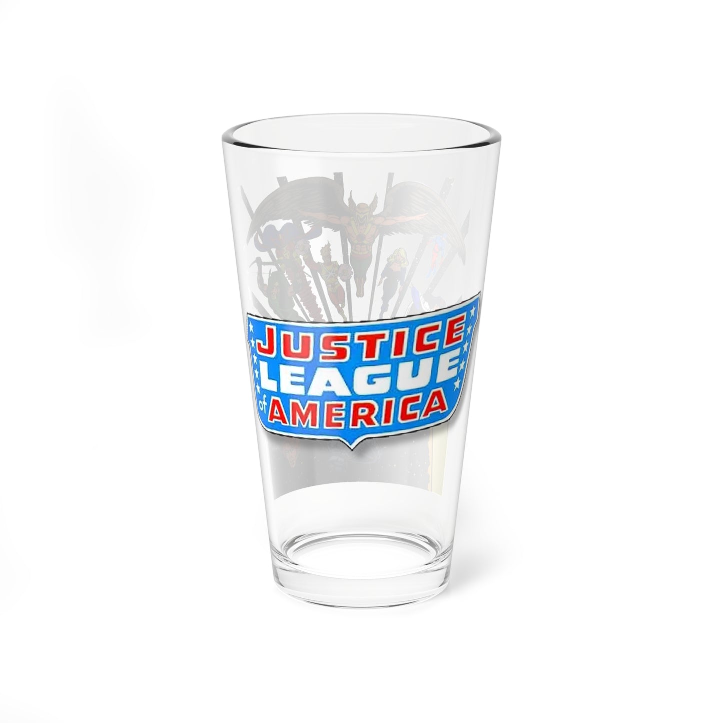 Justice League Pint Glass, 16oz - George Perez Art - Hawkman, Firestorm, Black Canary, Green Arrow, Zatanna, Red Tornado - JLA - DC Comics