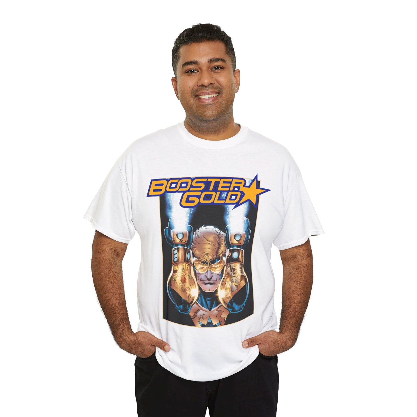 Booster Gold T-Shirt - Dan Jurgens Art - Batman & Robin in His Gauntlets - DC Comics