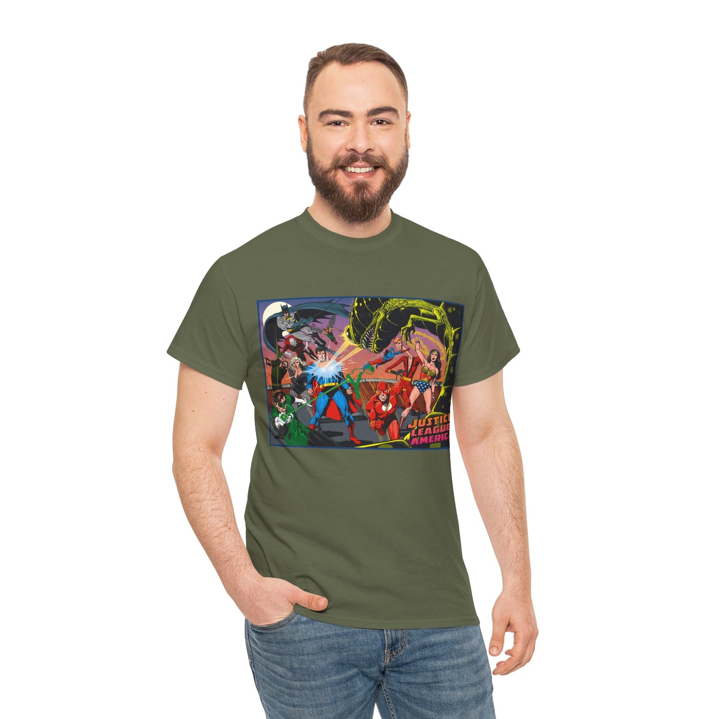 Justice League of America T-Shirt - Brian Bolland Art - Superman, Green Lantern, Wonder Woman, Batman, Flash, Elongated Man, Black Canary, Green Arrow, Atom - DC Comics