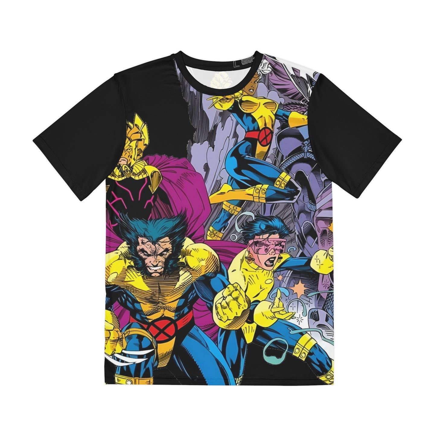 Uncanny X-Men Polyester Tee (All-Over Print) - Black Background - Jim Lee Art - Wolverine, Psylocke, Storm, Forge, Gambit, Jubille - Marvel Comics