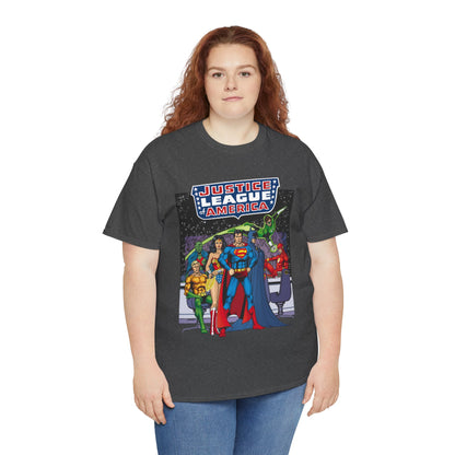 Justice League T-Shirt - George Perez Art - JLA Satellite Era - Superman, Wonder Woman, Green Lantern, Batman, Flash, Aquaman, Martian Manhunter - DC Comics