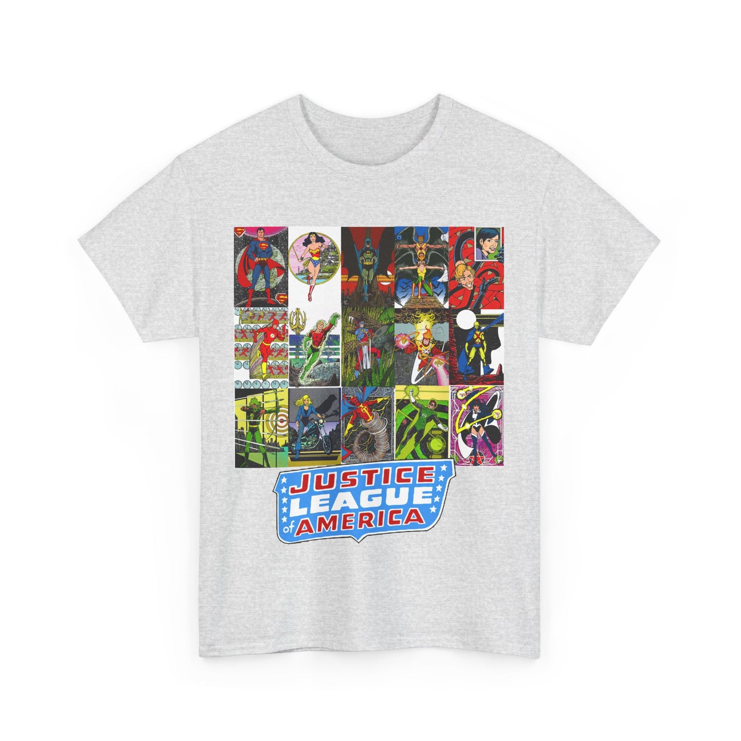 JLA Postcard T-Shirt - George Perez Art - Zatanna, Green Lantern, Flash, Batman, Hawkman, Wonder Woman, Firestorm - Justice League of America - DC Comics