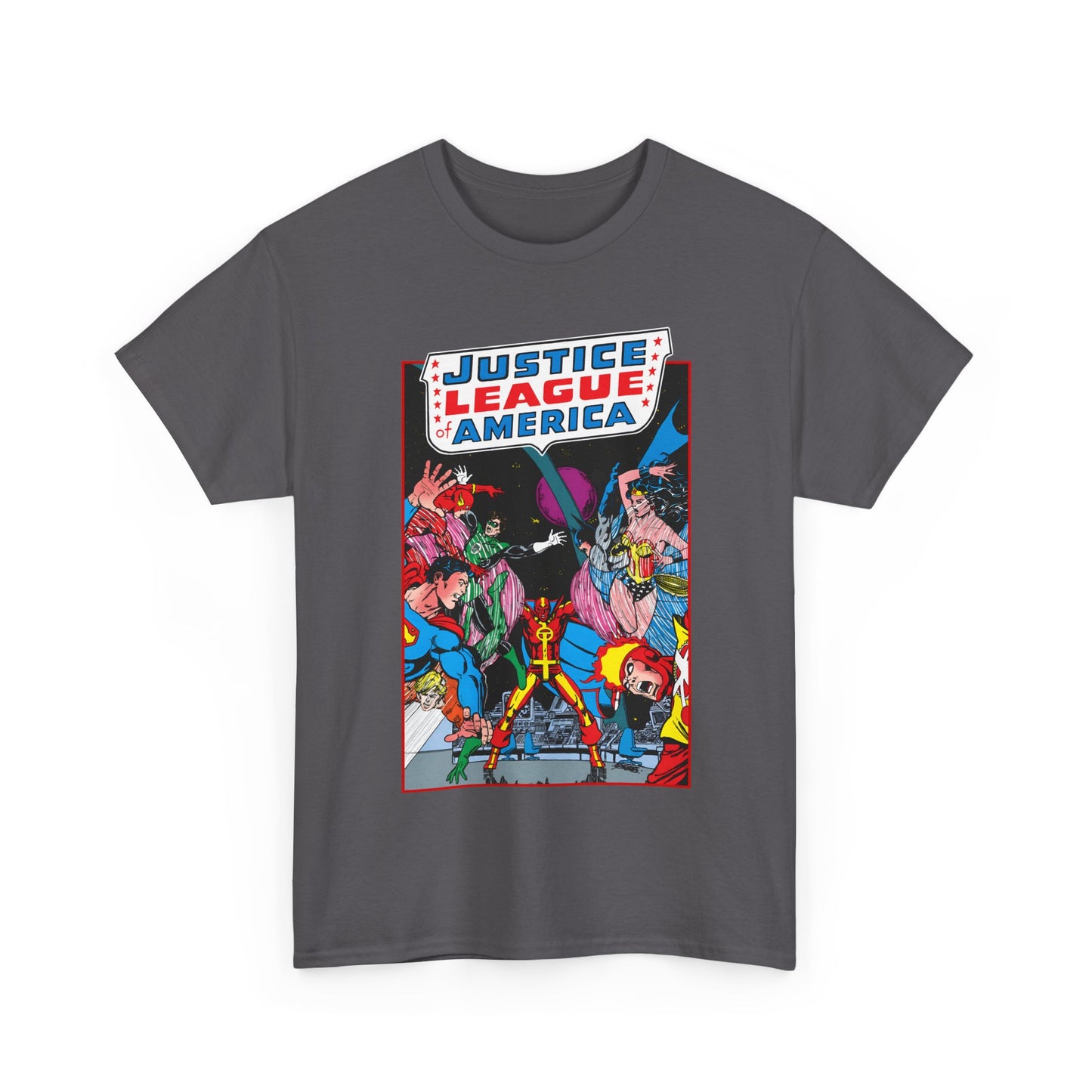 Justice League of America T-Shirt - George Perez Art - 1980s Satellite Era - Superman, Wonder Woman, Firestorm, Green Lantern, Batman - DC Comics